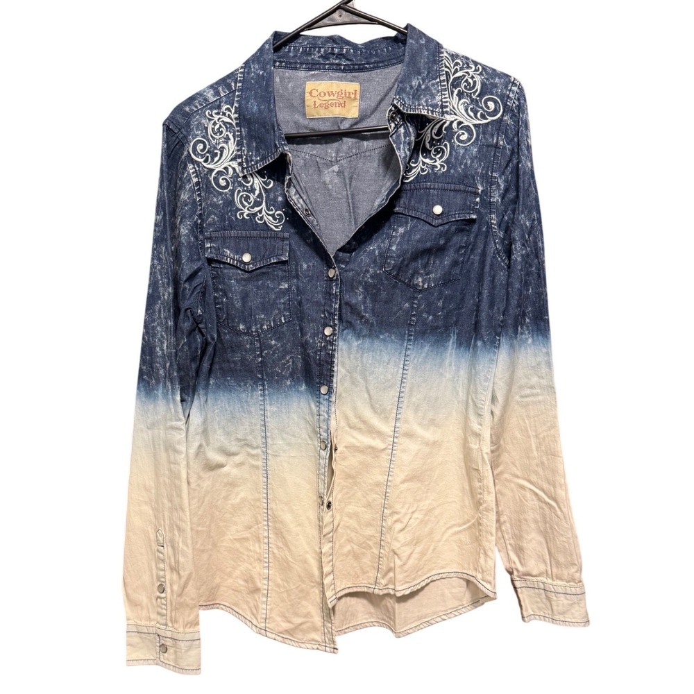 Cowgirl Legend Womens Blue Ombre Acid Wash Pearl Snap Western Shirt Large